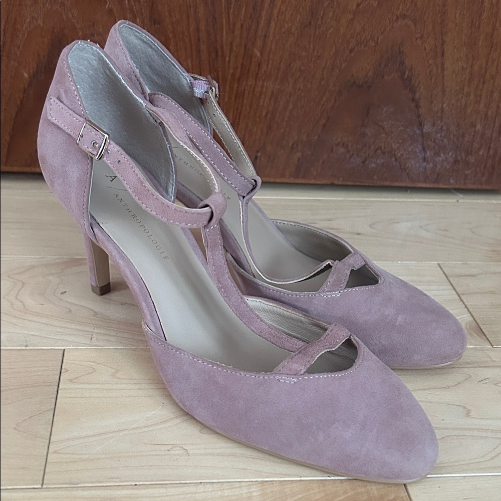 Anthropologie blush suede strappy heels